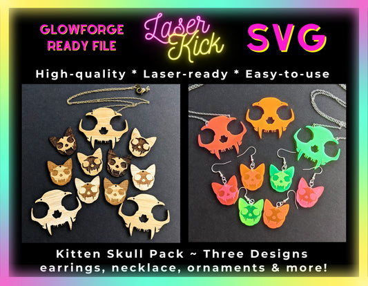 Kitten Skull Pack SVG Lasercut Glowforge File - Digital Download ONLY
